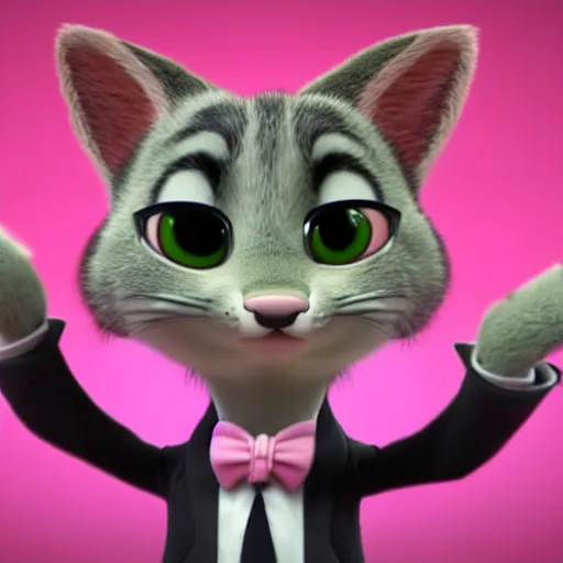 Image similar to portrait, 3d render , anthropomorphic cat, wearing a Pink tux, in the style of Zootopia