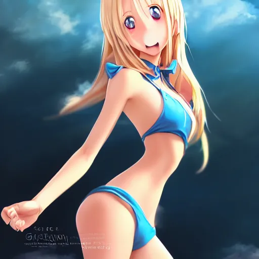Image similar to a very beautiful young anime giantess fcrying, full body, long wavy blond hair, sky blue eyes, full round face,, bikini, miniskirt, front view, mid - shot, highly detailed, cinematic wallpaper by stanley artgerm lau