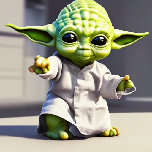 Image similar to curious innocent tiny baby yoda as chef wearing white chefs hat and white apron and giving thumbs up, vegetables, photography, hyperrealism, unreal engine, octane 3 d render, houdini, unity 3 d, highres, adobe premier pro, trending on artstation, trending on deviantart