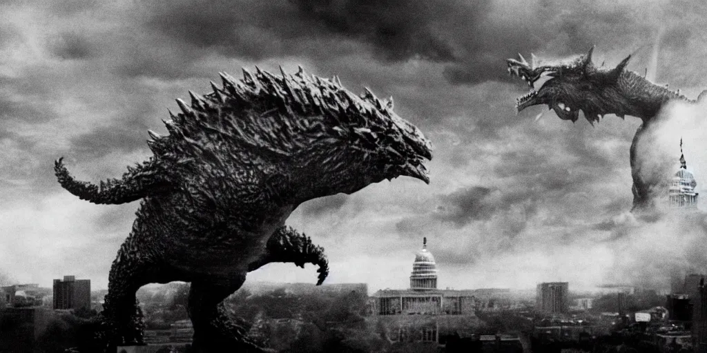 Image similar to Kaiju Trump attack Capitol, film still