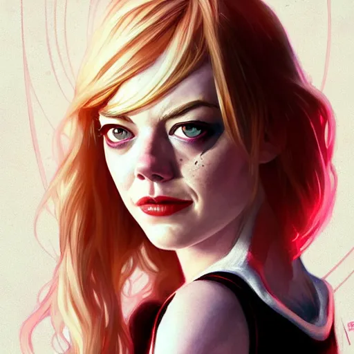 Image similar to beautiful Emma Stone as Spider-Gwen, western, closeup, D&D, fantasy, intricate, elegant, highly detailed, digital painting, artstation, concept art, matte, sharp focus, illustration, art by Artgerm and Greg Rutkowski and Alphonse Mucha