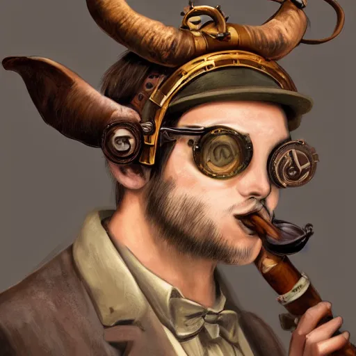 Image similar to ! steampunk!!! satyr!!, side profile portrait, three horns, goggles, smoking a cigar, auburn, digital painting by hiroshi yoshida, trending on artstation