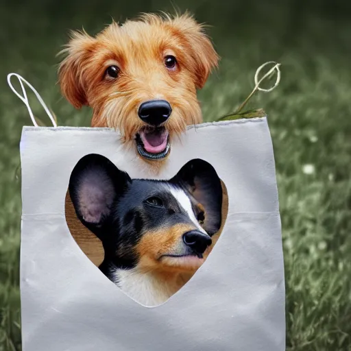 Prompt: 2 dogs in bag, photorealistic