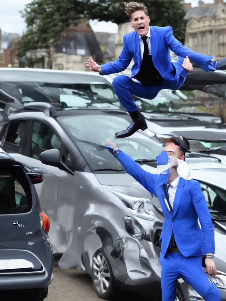 Prompt: !dream Sir Kier Starmer wearing a blue suit jumping on top of a toyota yaris
