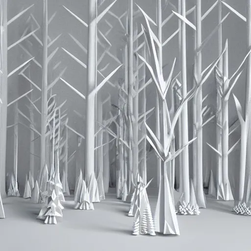 Image similar to origami forest in white paper, 3 d render, ultra - detailed, on white background, studio shot