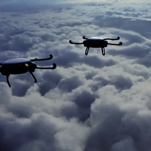 Prompt: cinematic areal shot of three baykar drones flying through the clouds