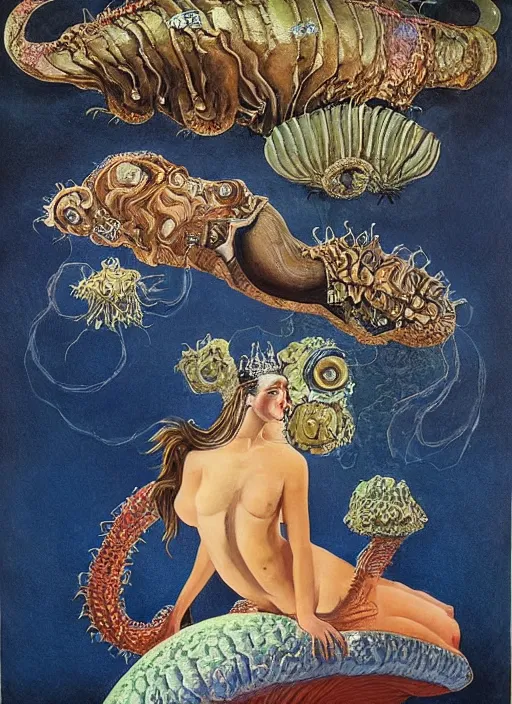 Image similar to a queen on top of a giant tardigrade retro japanese monster slimy leather, oil painting, 7 0 s vintage art, by georgia o keeffe, by kay nielsen, by gustave dore, by frank frazetta, nausicaa