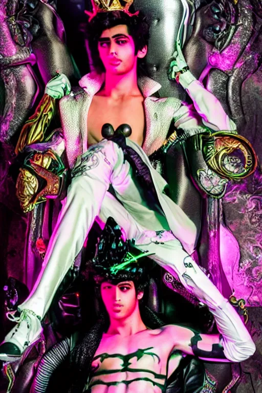 Image similar to full-body rococo and cyberpunk style neon statue of a young attractive Zayn Malik macho dotado e rico android sim roupa reclining con las piernas abertas e la piroca dura, glowing white lasers, glowing eyes, golden prince crown, black steampunk gears, pink diamonds, swirling mint-colored silk fabric. futuristic elements. black dripping tar. full-length view. space robots. human skulls. intricate artwork by caravaggio. Trending on artstation, octane render, cinematic lighting from the right, hyper realism, octane render, 8k, depth of field, 3D