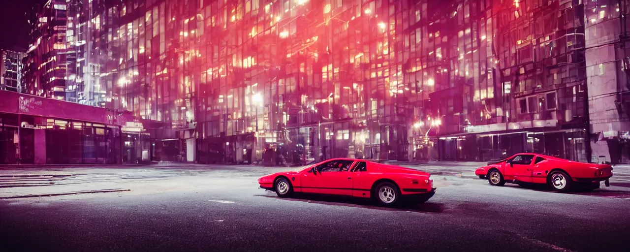 Image similar to 80s red Ferrari sports car, parked on deserted city street at night time, purple lighted street, retro-wave vibes, grainy, soft motion blur, VHS Screencap