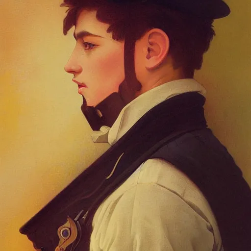 Image similar to a vintage portrait painting of a fantasy gentleman gunslinger, art by tristan eaton and artgerm and william - adolphe bouguereau