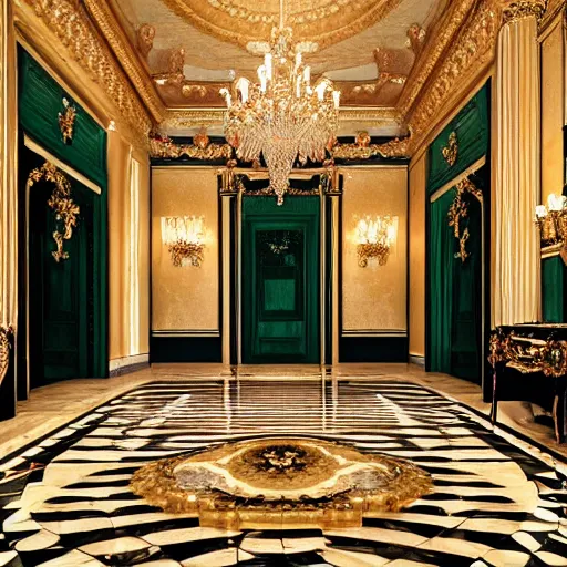 Prompt: a realistic photo of a large lavish victorian style mansion entrance hall made entirely of malachite with golden accents on the walls, and a dark marble floor; cinematic lens, 8K award-winning photo