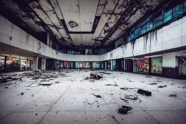 Prompt: low wide angle photo of a abandoned cyberpunk shopping mall with dead human on the floor, a team of soliders are in position, cinematic lightning, ray tracing, unreal engine, photorealistic, detailed, dark, moody, foggy, scary