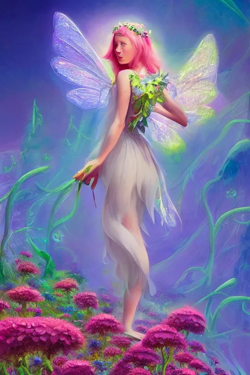 Image similar to a beautiful digital illustration painting fairy princess among the flowers by benoit b. mandelbrot, roger dean. 8 k resolution trending on artstation concept art digital illustration