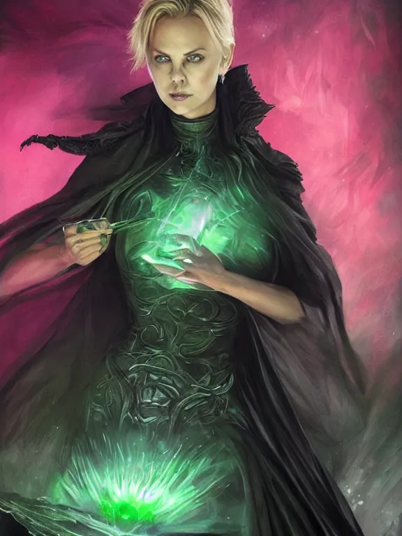 Prompt: Charlize Theron as an evil witch in a black dress casting a green spell, green lighting, time warping, D&D, fantasy, highly detailed, digital painting, trending on artstation, concept art, sharp focus, illustration, art by artgerm and greg rutkowski and magali villeneuve