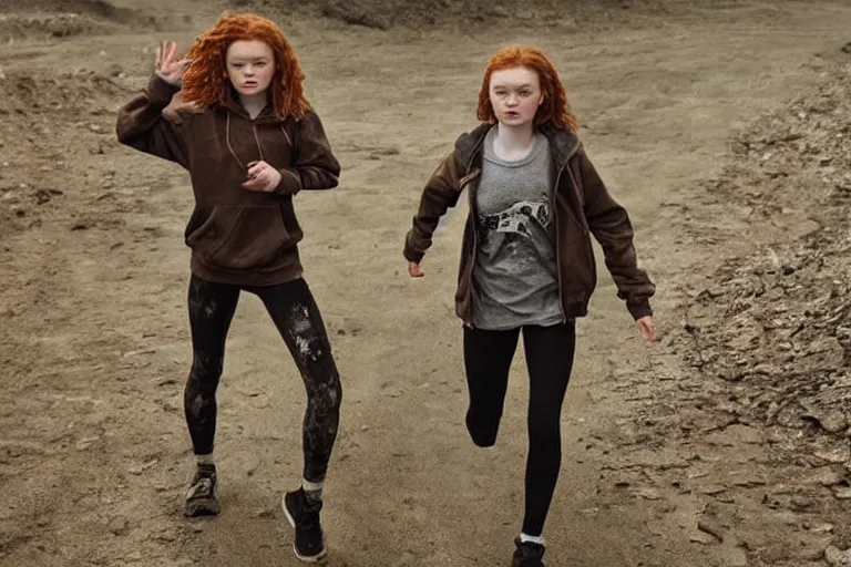 Image similar to sadie sink in a hoodie : running pose. cyborg behind : running pose. dirt, fantasy, soviet dystopian art by ayami kojima, vasnetsov, cedric peyravernay