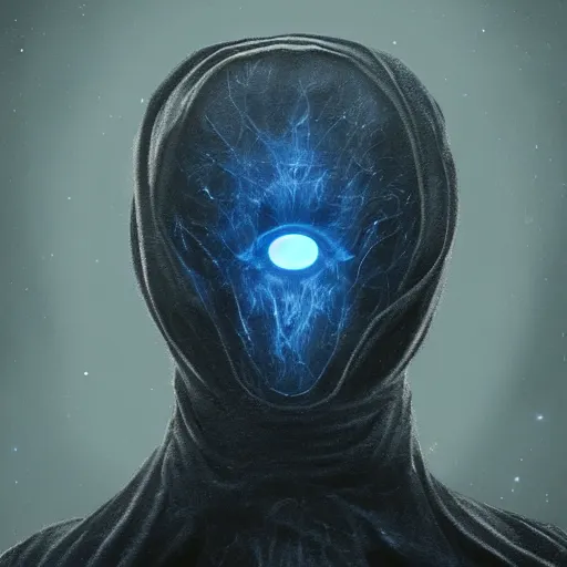 Image similar to award - winning. trending on artstation. 4 k. eerie tone. a faceless astral figure wearing a hooded cape made of the night sky with 1 5 dark blue glowing eyes on its face and rows of teeth on its chest. full - body. portrait.