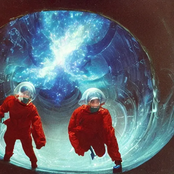 Image similar to two scientists wearing red rick owens hazmat suits in a glowing geometric nebula wormhole tunnel by frank frazetta