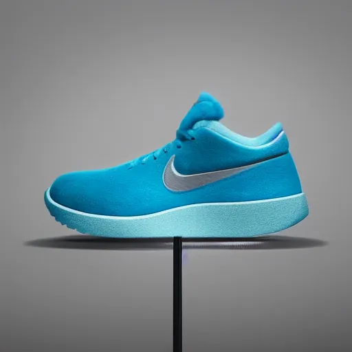 Prompt: nike shoe made of very fluffy cyan faux fur placed on reflective surface, professional advertising, overhead lighting, heavy detail, realistic by nate vanhook, mark miner