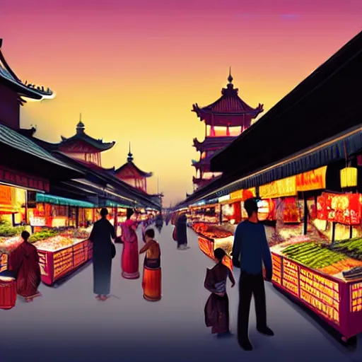 Image similar to an immaculate digital matte painting placid asian street market scene at dusk.