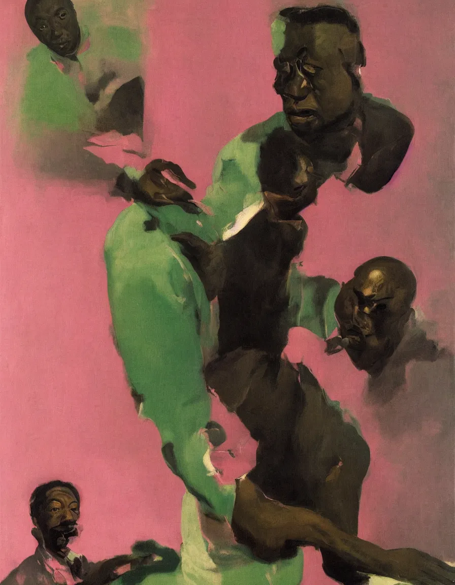 Prompt: portrait of a black man who stares intently, very thoughtful, yet playful, sugary, highly detailed oil painting, by francis bacon, edward hopper, adrian ghenie, glenn brown, soft light 4 k, pink and green colour palette, cinematic composition, cinematic lighting, high quality octane render, masterpiece