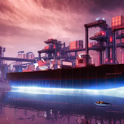 Image similar to photo of Immense industrial futuristic cargo ship arrives at cyber punk city sea port, cinematic lighting, photo