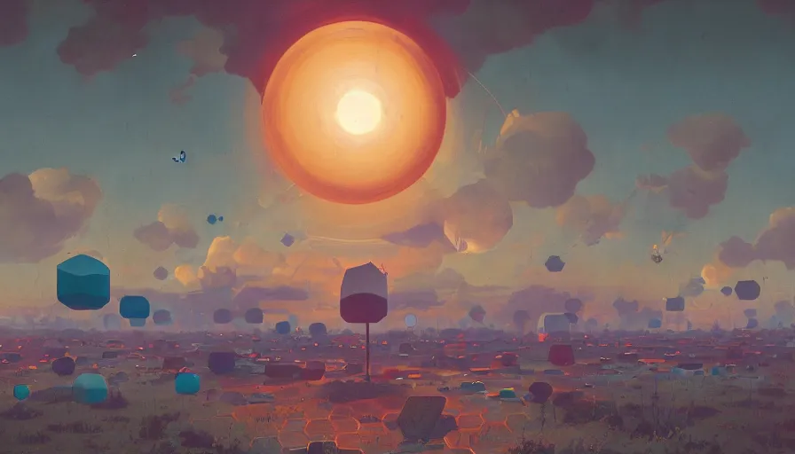 Image similar to hexagons in the sky in front of the sun, simon stalenhag