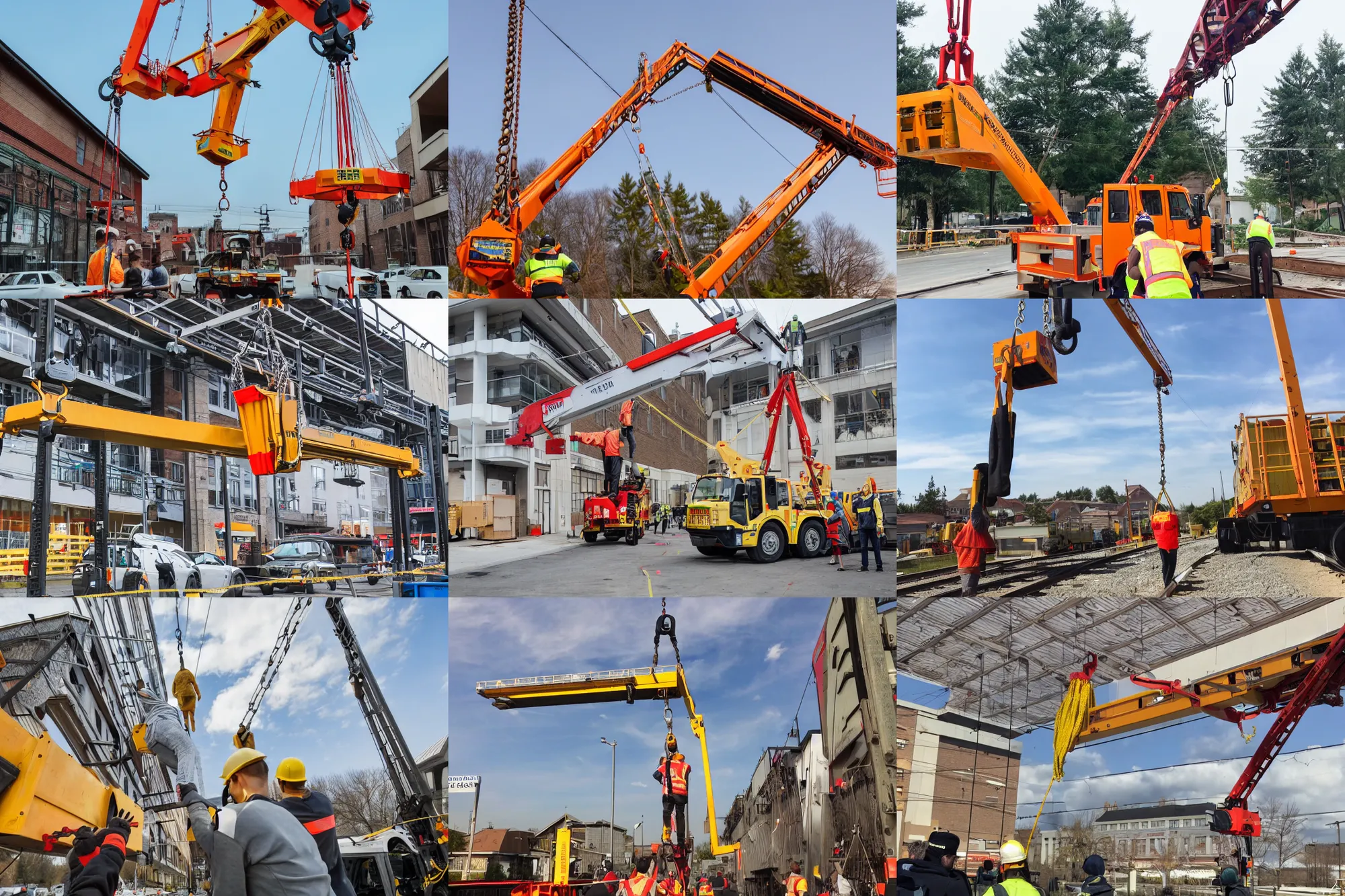 Prompt: hoisting crane grabs a person from the line going to the store