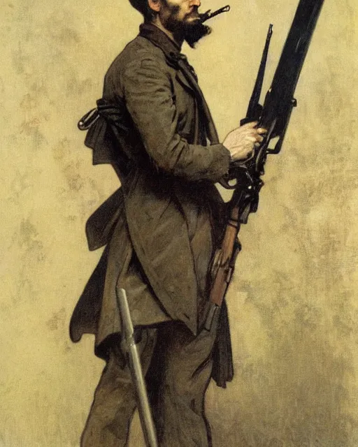 Prompt: portrait of John Brown holding a rifle and a black flag, by Alphonse Mucha