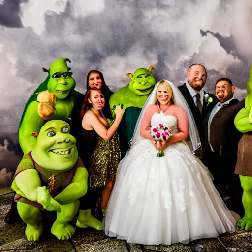 Image similar to Shrek-themed wedding, 8K ultra realistic photography, Shrek, award winning wedding photography, ultra HD