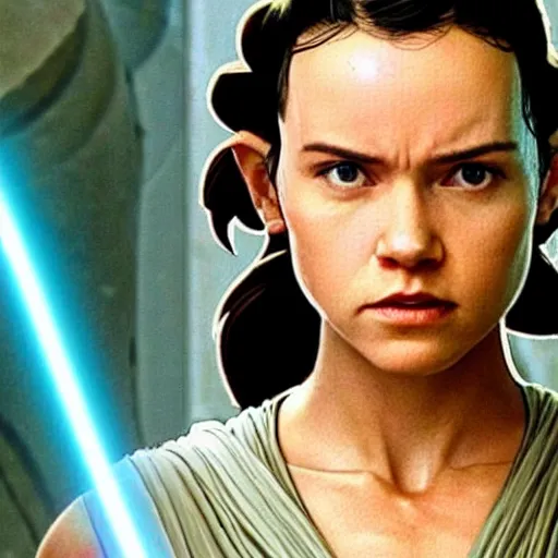 Image similar to Rey from Star Wars twenty years older as a Jedi Master