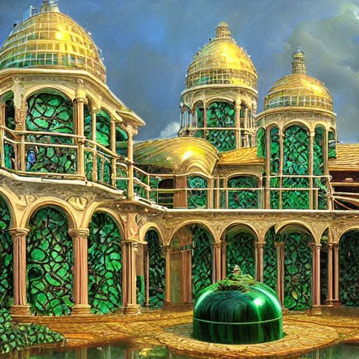 Image similar to an oil painting by michael whelan and donato giancola of a palace made of green, polished, swirling malachite and jade