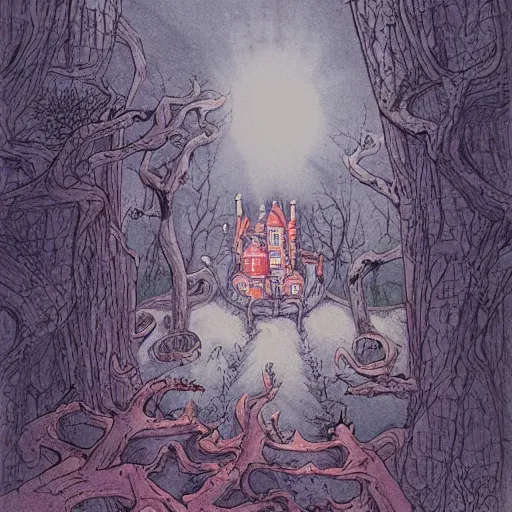 Image similar to james jean watercolor of a haunted castle in the woods, set an the end of a winding road