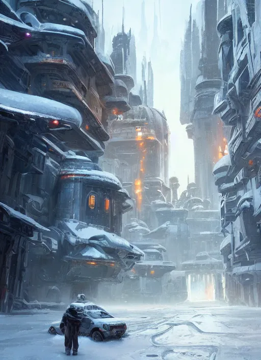 Prompt: portrait, snowy star wars futuristic river town. Dramatic lighting, cinematic, establishing shot, extremely high detail, photo realistic, post processed, artstation, matte painting, style by eddie mendoza, raphael lacoste, alex ross