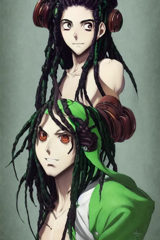 Prompt: portrait of an anime manga guy with green and white dreads, straight on portrait, by artgerm, james jean, tom bagshaw, gerald brom, 4 k, smooth, hd, substance designer render, full body character concept art, symmetrical,