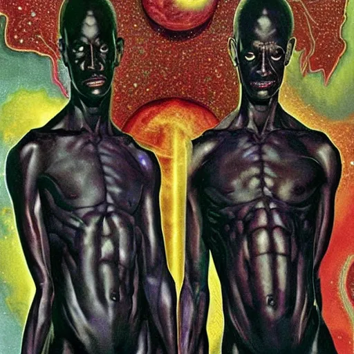 Image similar to the creator of the universe, pitch black masculine figure, gerald brom and andy warhol, cosmic horror, planet earth