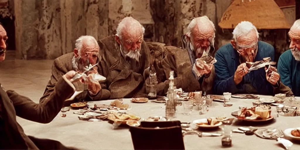 Prompt: film still of wrinkly old men sitting at a round table eating dollar bills with knife and fork, directed by fellini, vibrant colours