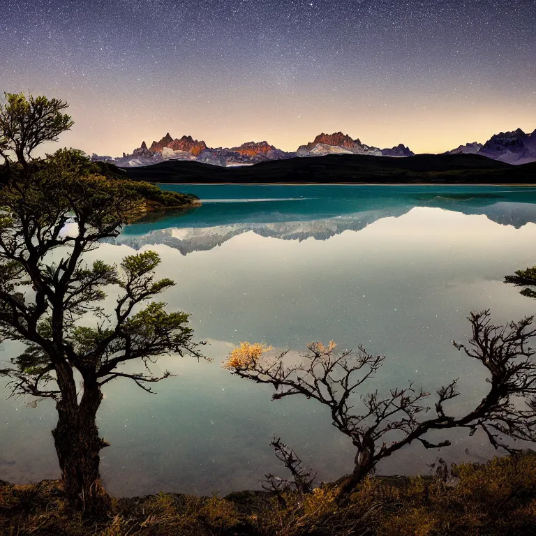Prompt: beautiful landscape photography, patagonia, a lake, a tree in the foreground, night, milky way