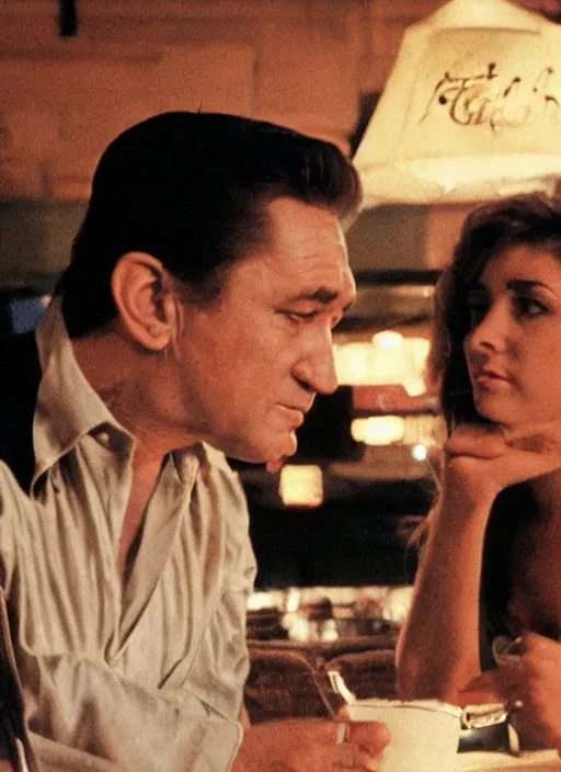 Image similar to a close - up, color cinema film still of a johnny cash talking to a beautiful hooters woman drinking whiskey at a hooters, ambient lighting at night.