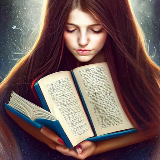 Image similar to a girl reading a book, hair flowing down, symmetric!, 8 k, hyperrealistic, hyperdetailed, fantasy portrait by laura sava