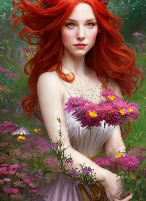 Image similar to a beautiful red haired woman as a fairy princess in a garden holding a bunch of wild flowers, deep focus, d & d, fantasy, intricate, elegant, highly detailed, digital painting, artstation, concept art, matte, sharp focus, illustration, hearthstone, art by artgerm and greg rutkowski and alphonse mucha