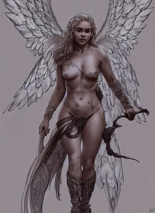 Image similar to Portrait of Emilia Clarke as an angel warrior , angelical runes tattooed all over his body, intricate body, whole body, highly detailed, digital painting, artstation, concept art, smooth, sharp focus, illustration, art by Hajime Sorayama