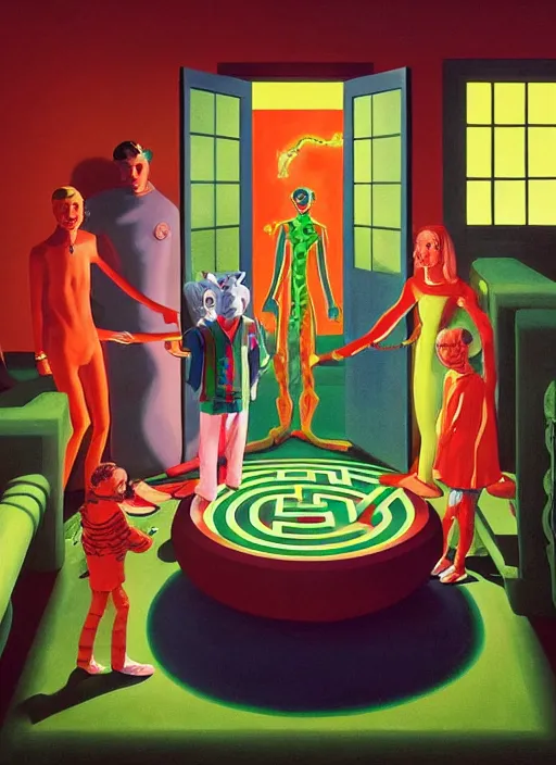 Image similar to painting of a gucci animal costumed family being shown how to open magic portals by a large glowing alien in their suburban living room maze, designed by gucci and wes anderson, energetic glowing planets in the air, cinematic look, in the style of edward hopper, james jean, petra collins and mc. escher