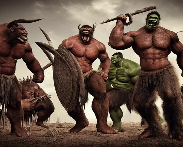 Image similar to hyper realistic group vintage photograph of a warrior orc tribe, tall, muscular, hulk like physique, sharp fangs and tusks, big arms, big hands, big feet, armored, tribal paint, highly detailed, 3 d render, unreal engine, octane render, cgi, vfx