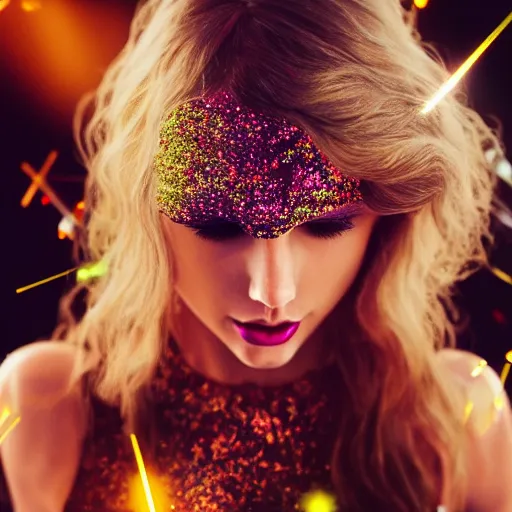 Prompt: mind blowing metaphysical sequins and glitter visualization forming elegant Taylor Swift becoming one with the universe, octane render, hyper realistic, 8k, beautiful details