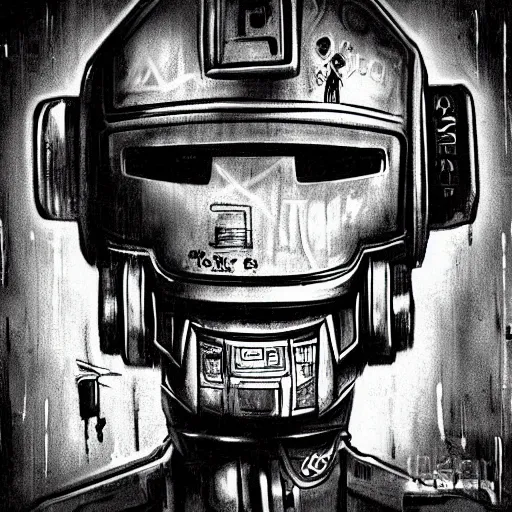 Prompt: chappie robot graffiti, black and white zef design graffiti on the wall, dark lighting, digital art