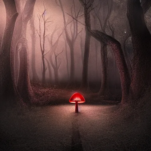 Image similar to mushroom, trees, wires, nightmare like dream, scary, dramatic lighting, 3 d digital art
