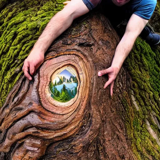 Image similar to ultra wide fisheye photo if a hiker accidentally carving their name into the bark at the base of a gigantic tree ent's leg, which looks down at him from high above angrily, trending on artstation hyperreal