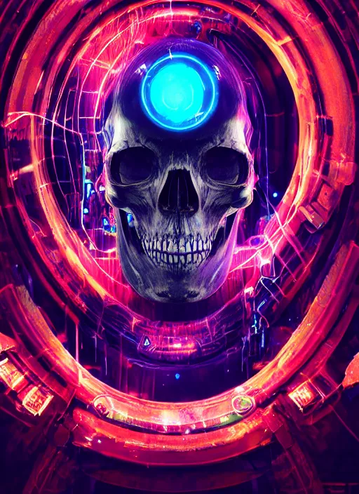 Image similar to a futuristic skull with glowing eyes and a wormhole tunnel, cyberpunk art by android jones, behance contest winner, computer art, darksynth, synthwave, rendered in cinema 4 d