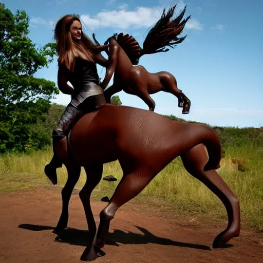 Image similar to a centaur walking along. On the back of the centaur is a human riding it.