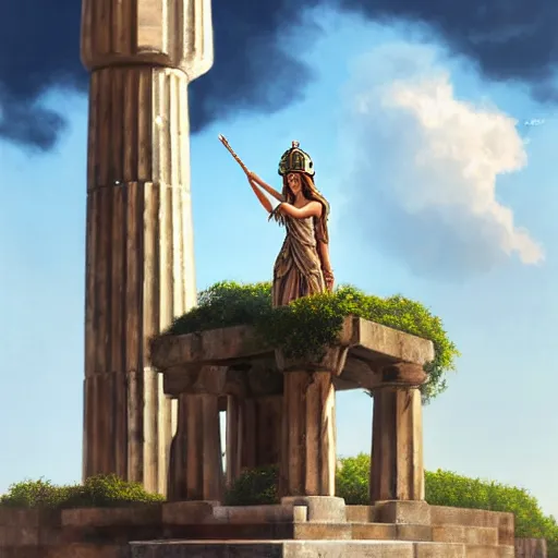 Image similar to full-body view of beatiful young greek godess in steel helmet standing on a giant Zeus head, greek temple of olympus glory island little wood bridge painting of tower ivy plant in marble late afternoon light, wispy clouds in a blue sky, by frank lloyd wright and greg rutkowski and ruan jia